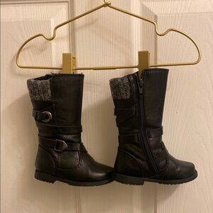Black Faux Leather Boots with Gray Knit Cuff